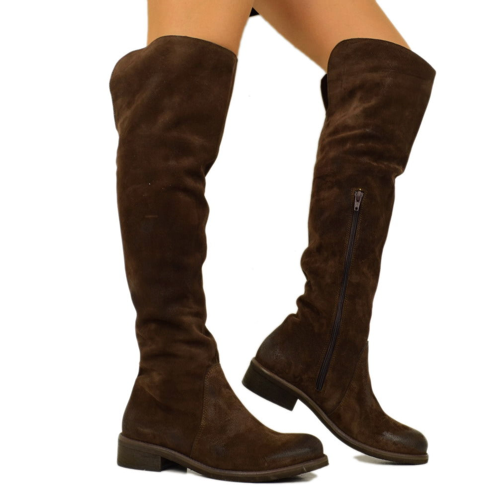 Stivali Donna Alti Classici Marroni in Camoscio con Zip Laterale