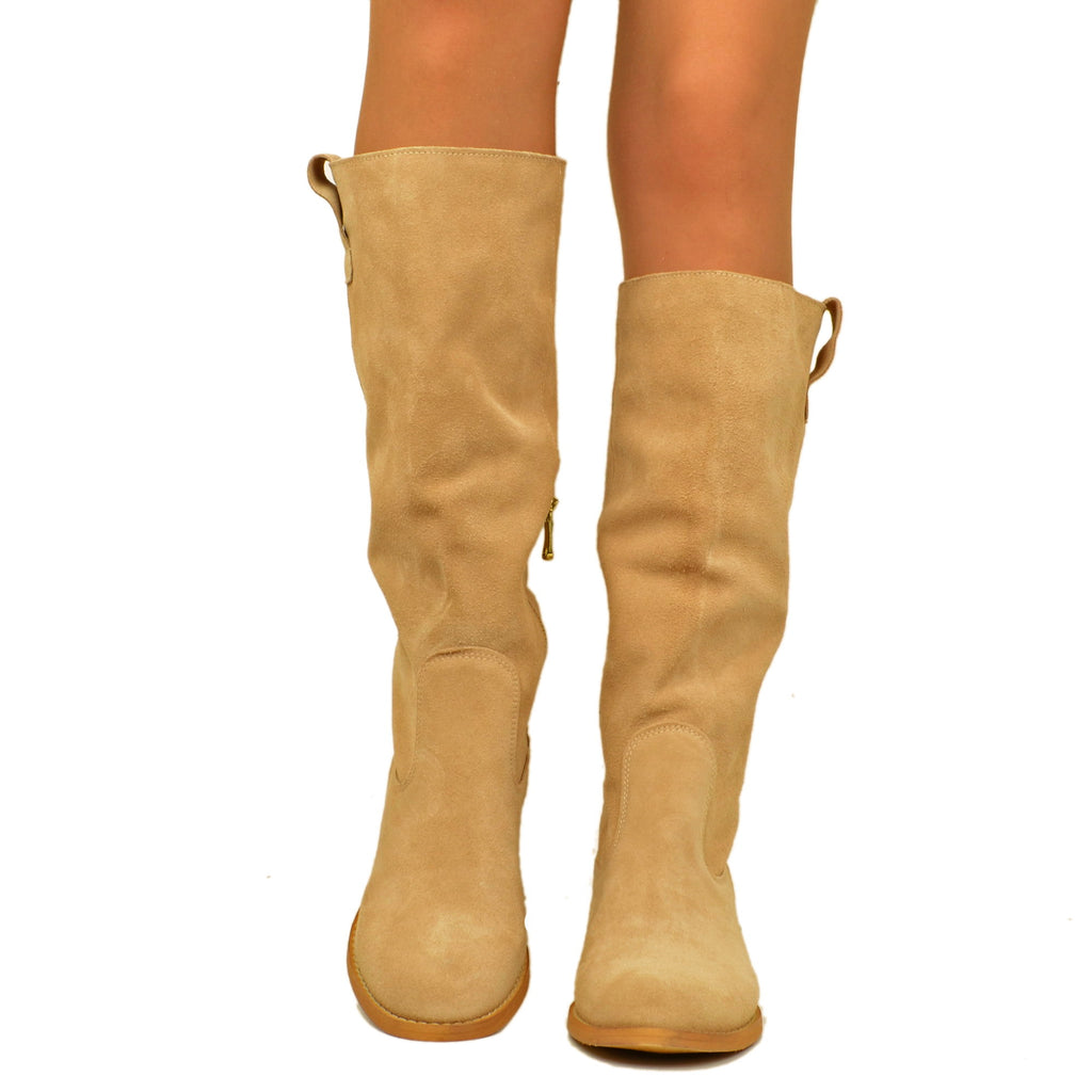 High Women's Boots in Beige Suede with Zip Made in Italy - 3