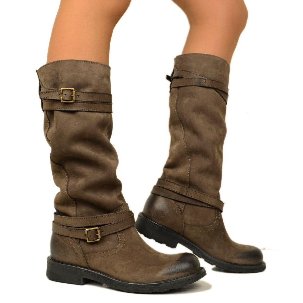 Hohe Camperos-Damenstiefel aus dunkelbraun schattiertem Vintage-Leder - 4