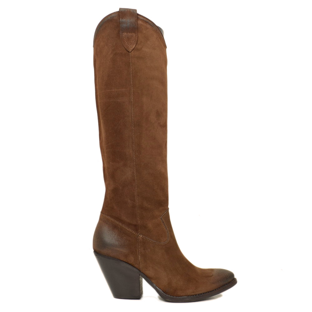 Damen-Texan-Stiefel aus braunem Wildleder mit Kegelabsatz und Reißverschluss - 2