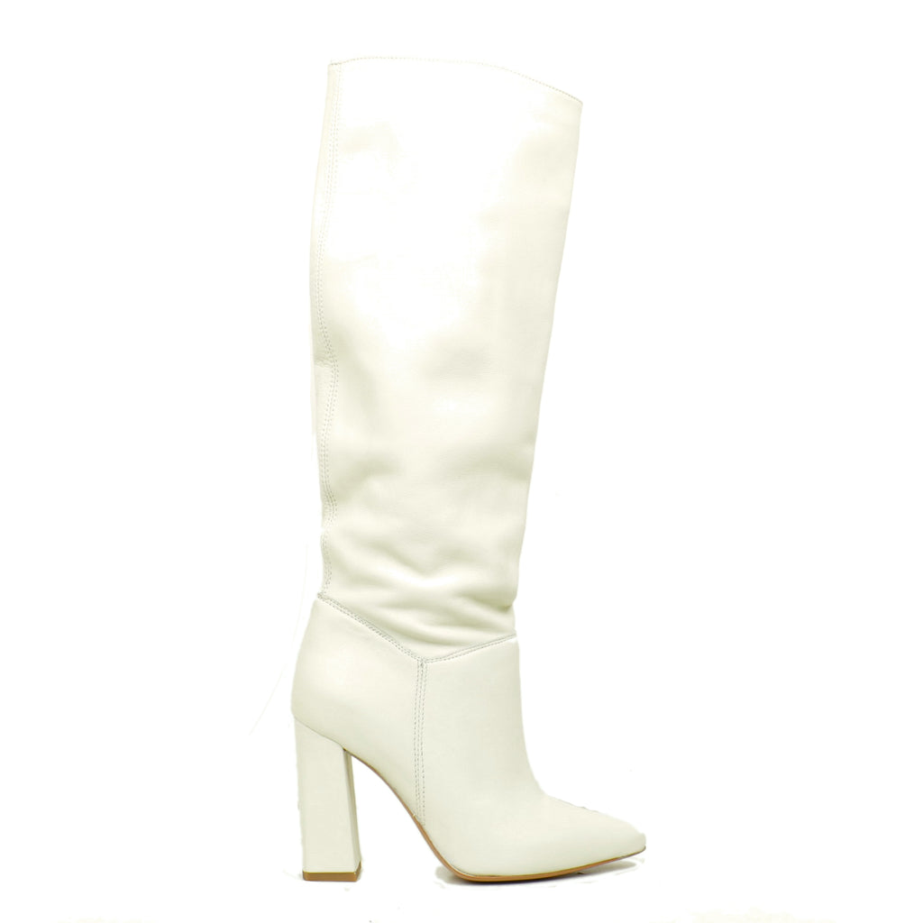 Women's Tall Milk Color Leather Boots with High Heels - 4