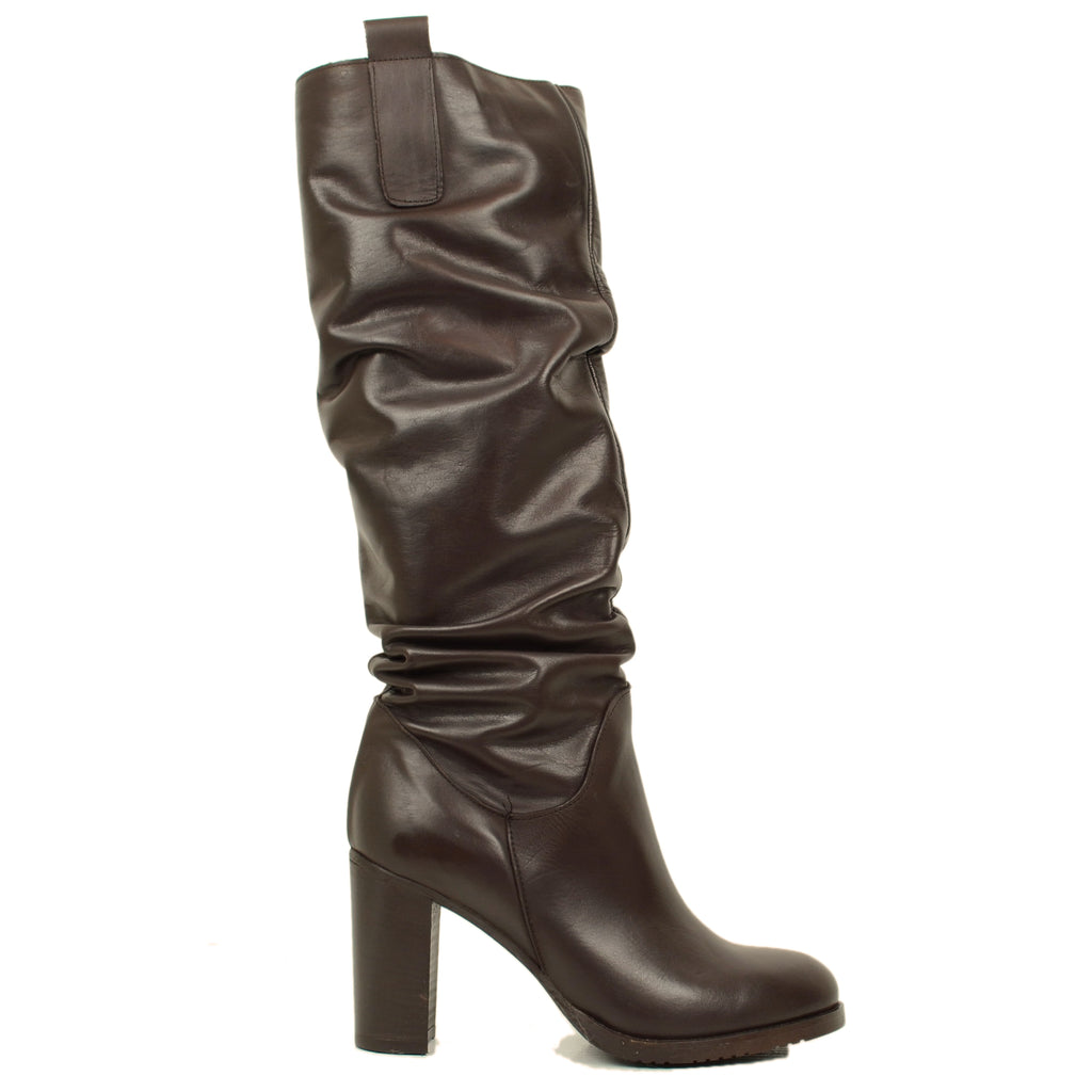 Women's Tall Dark Brown Leather Boots with High Heels - 2