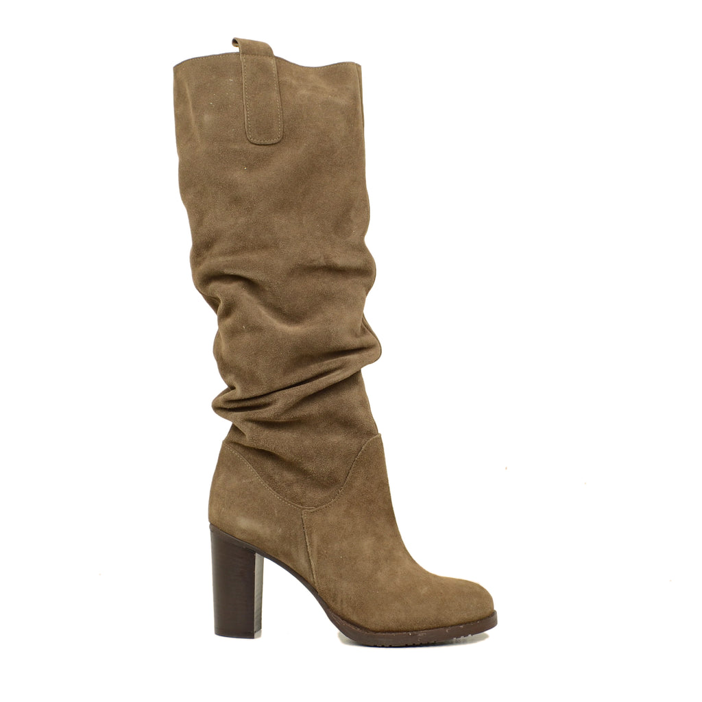 Taupe Women's Tall Suede Leather Boots with High Heels - 2