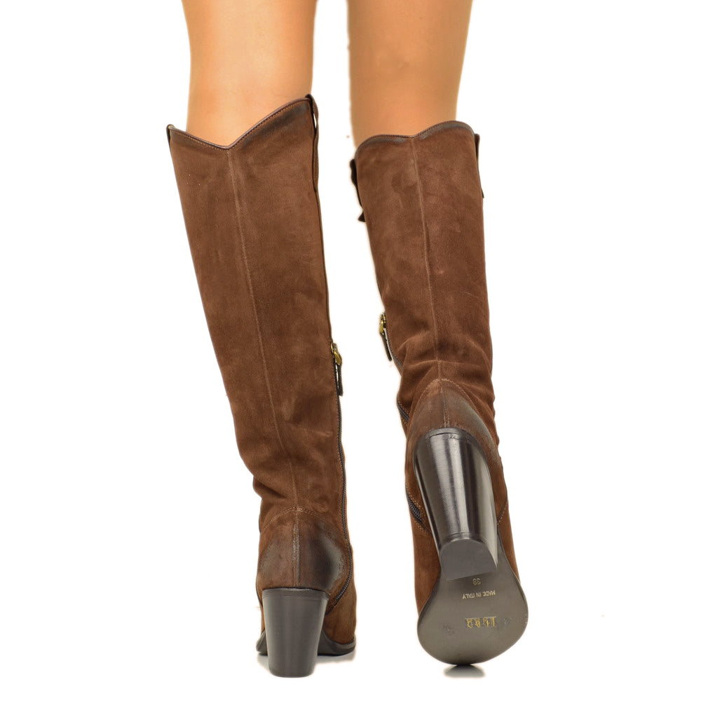 Damen-Texan-Stiefel aus braunem Wildleder mit Kegelabsatz und Reißverschluss - 5