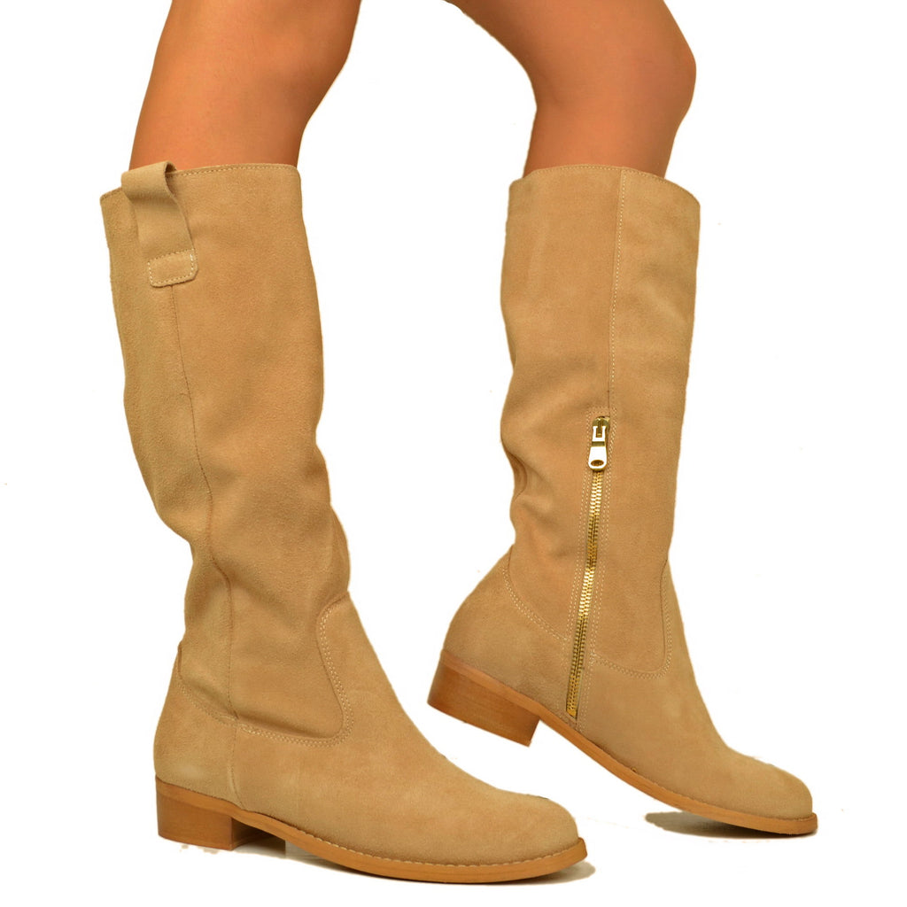 High Women's Boots in Beige Suede with Zip Made in Italy - 4