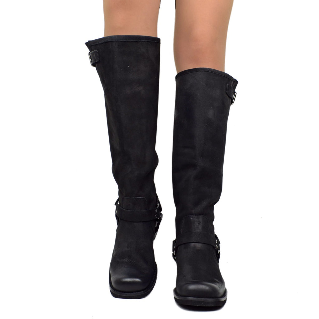 Women's Nubuck Leather Boots with Buckles and Square Toe - 4