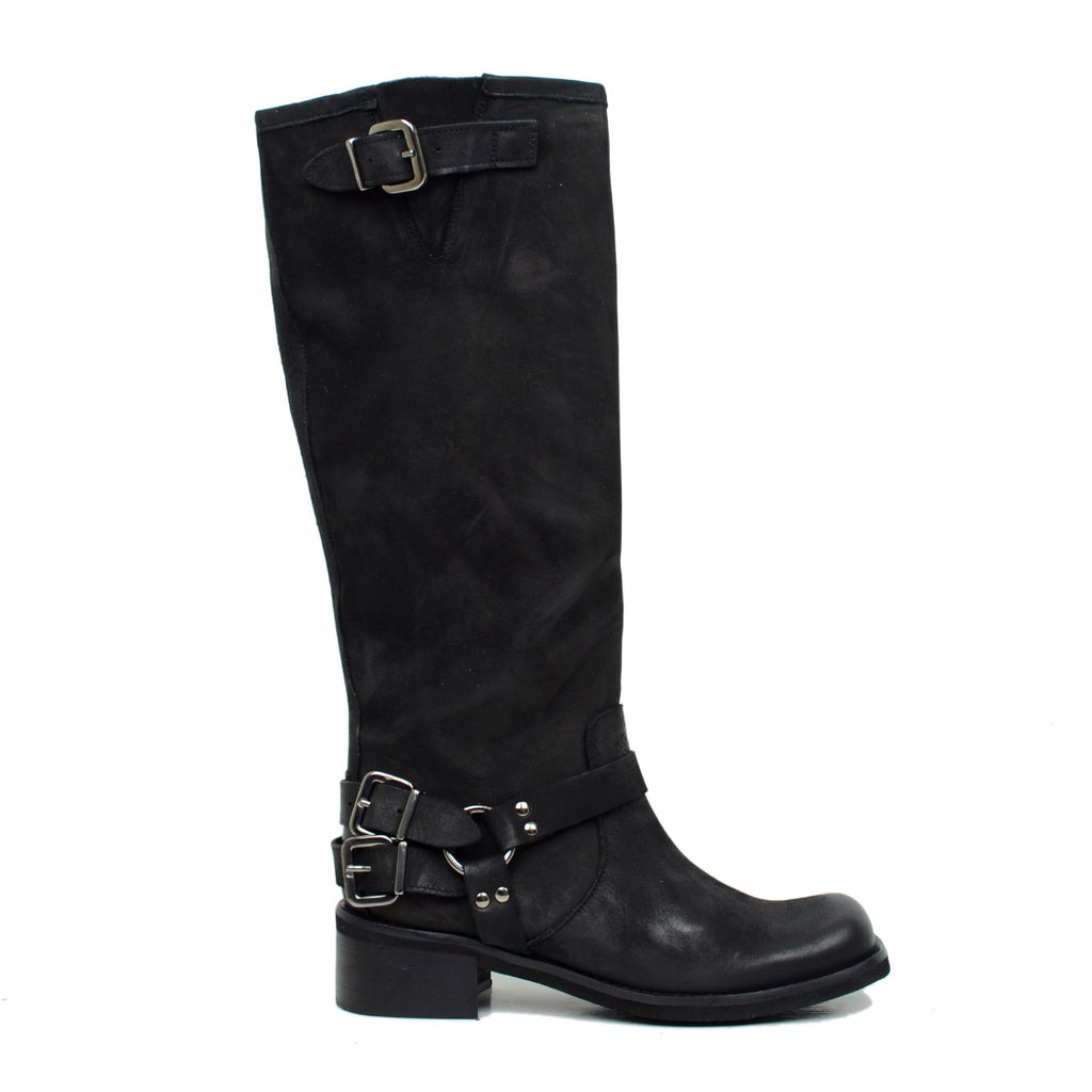 Women's Nubuck Leather Boots with Buckles and Square Toe - 2