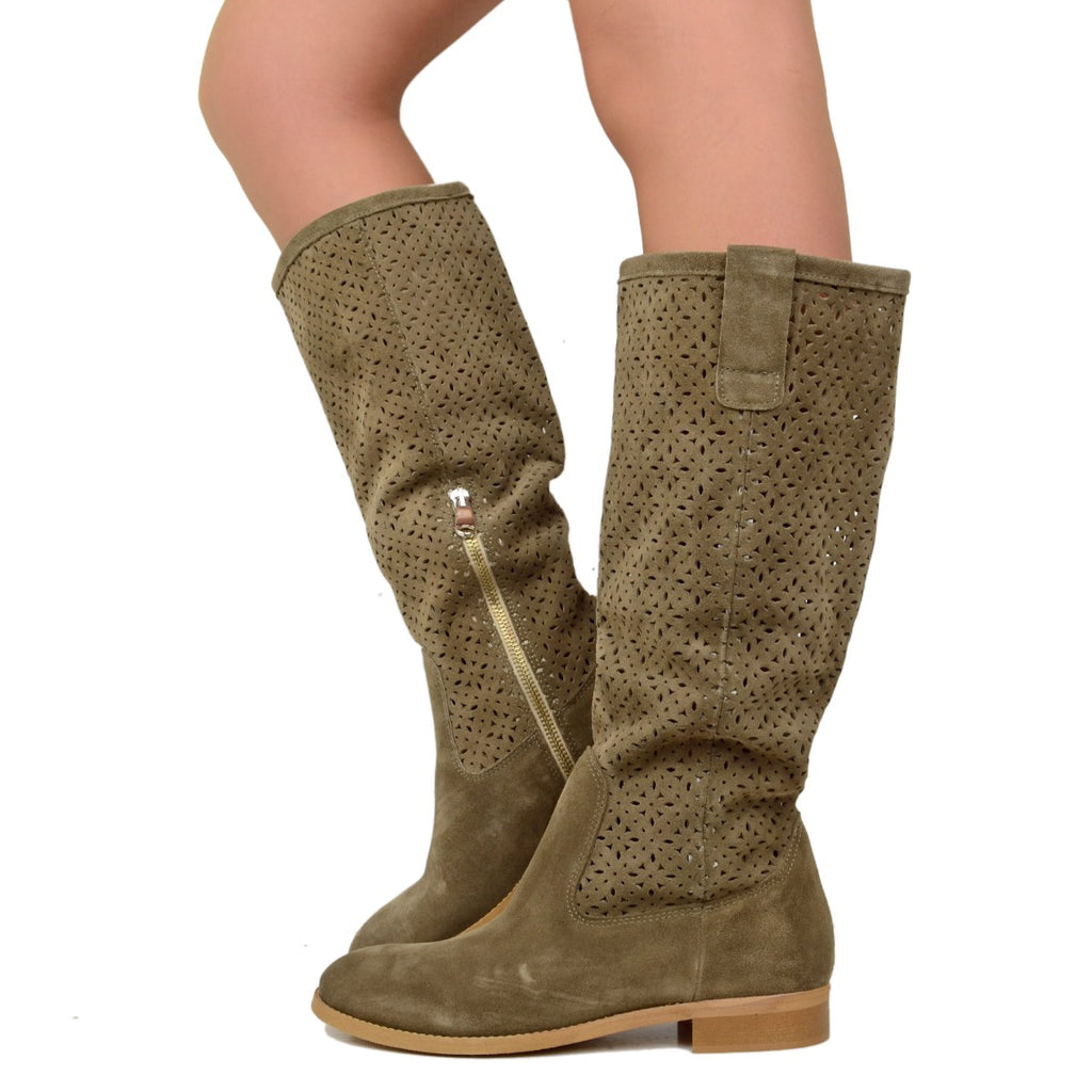 Women's Summer Boots in Taupe Perforated Suede Leather