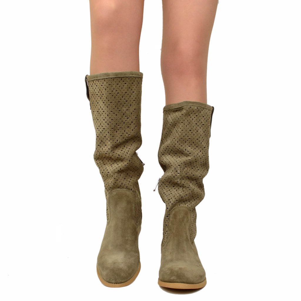 Women's Summer Boots in Taupe Perforated Suede Leather - 3