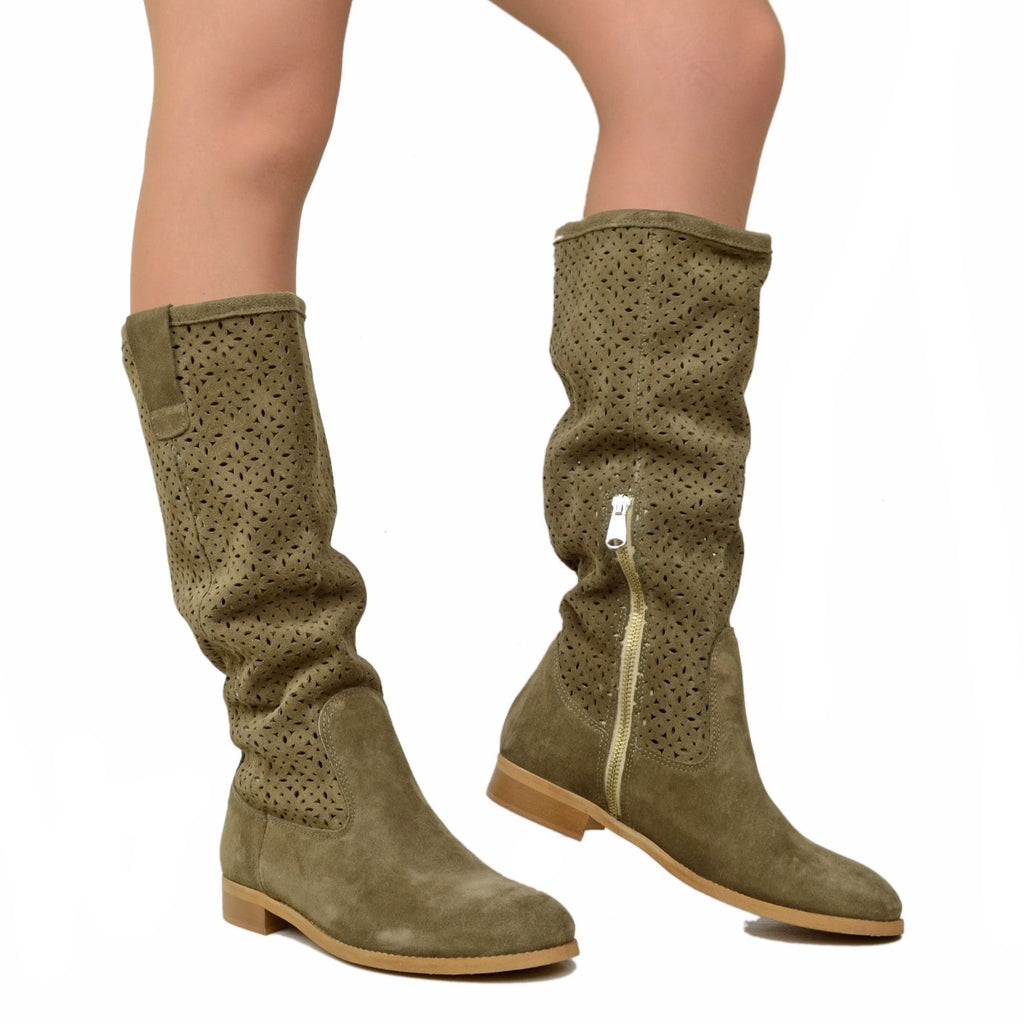 Women's Summer Boots in Taupe Perforated Suede Leather - 4