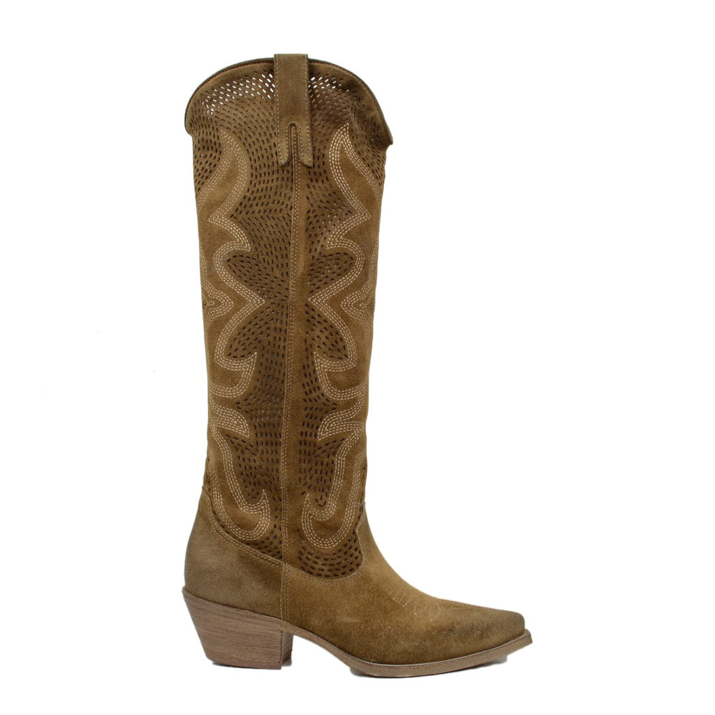 Taupe Suede Perforated Texan Boots Made in Italy - 4