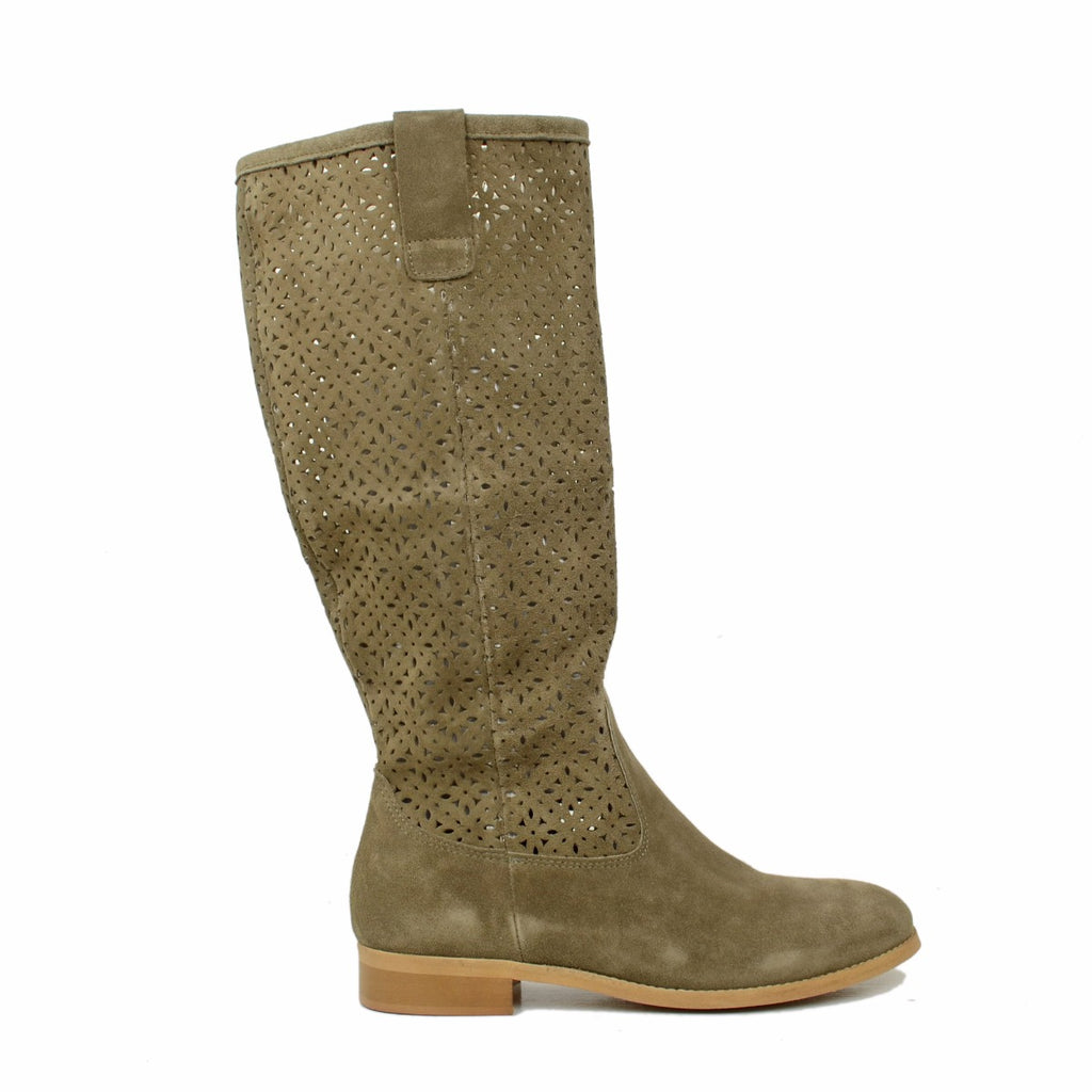 Women's Summer Boots in Taupe Perforated Suede Leather - 2