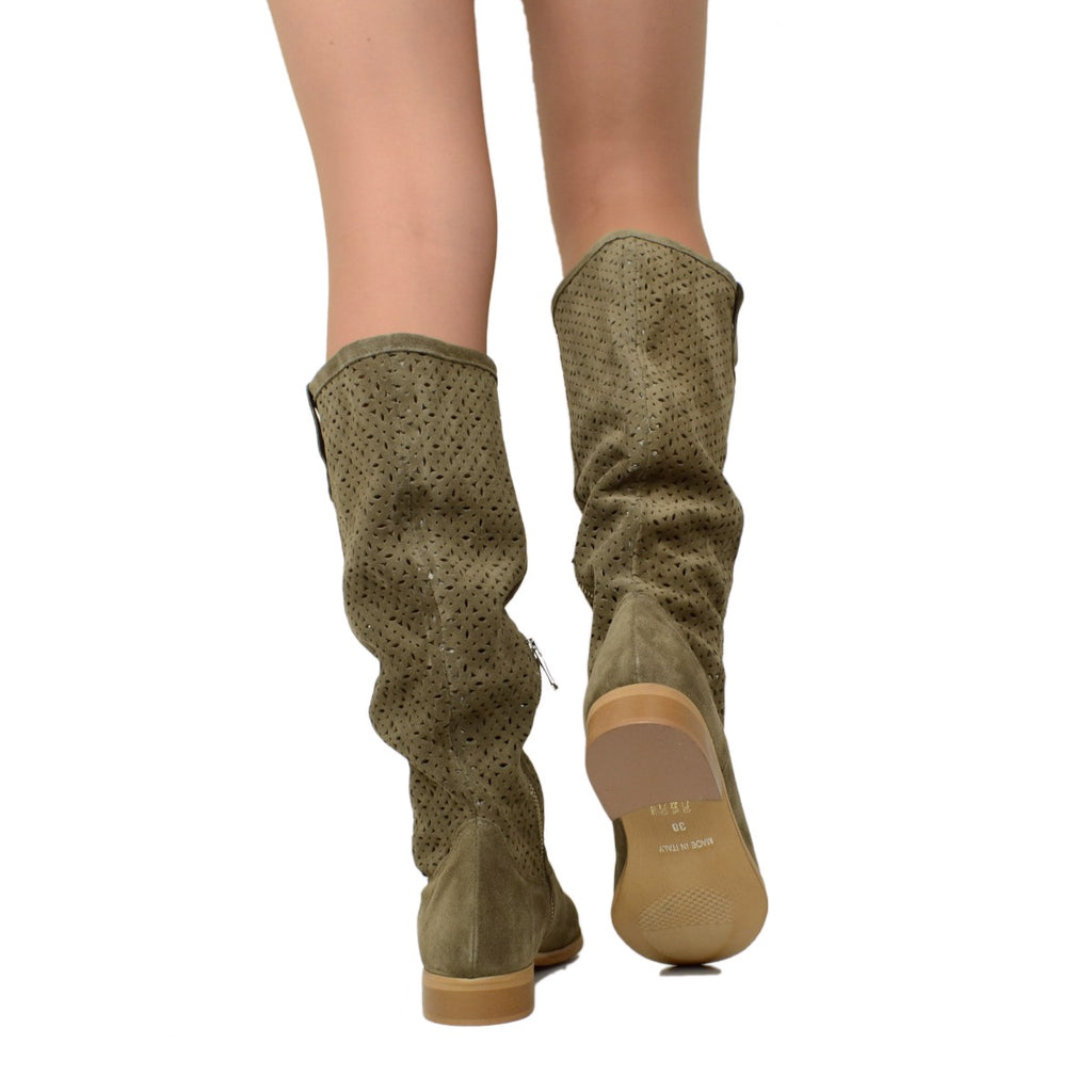 Women's Summer Boots in Taupe Perforated Suede Leather - 5