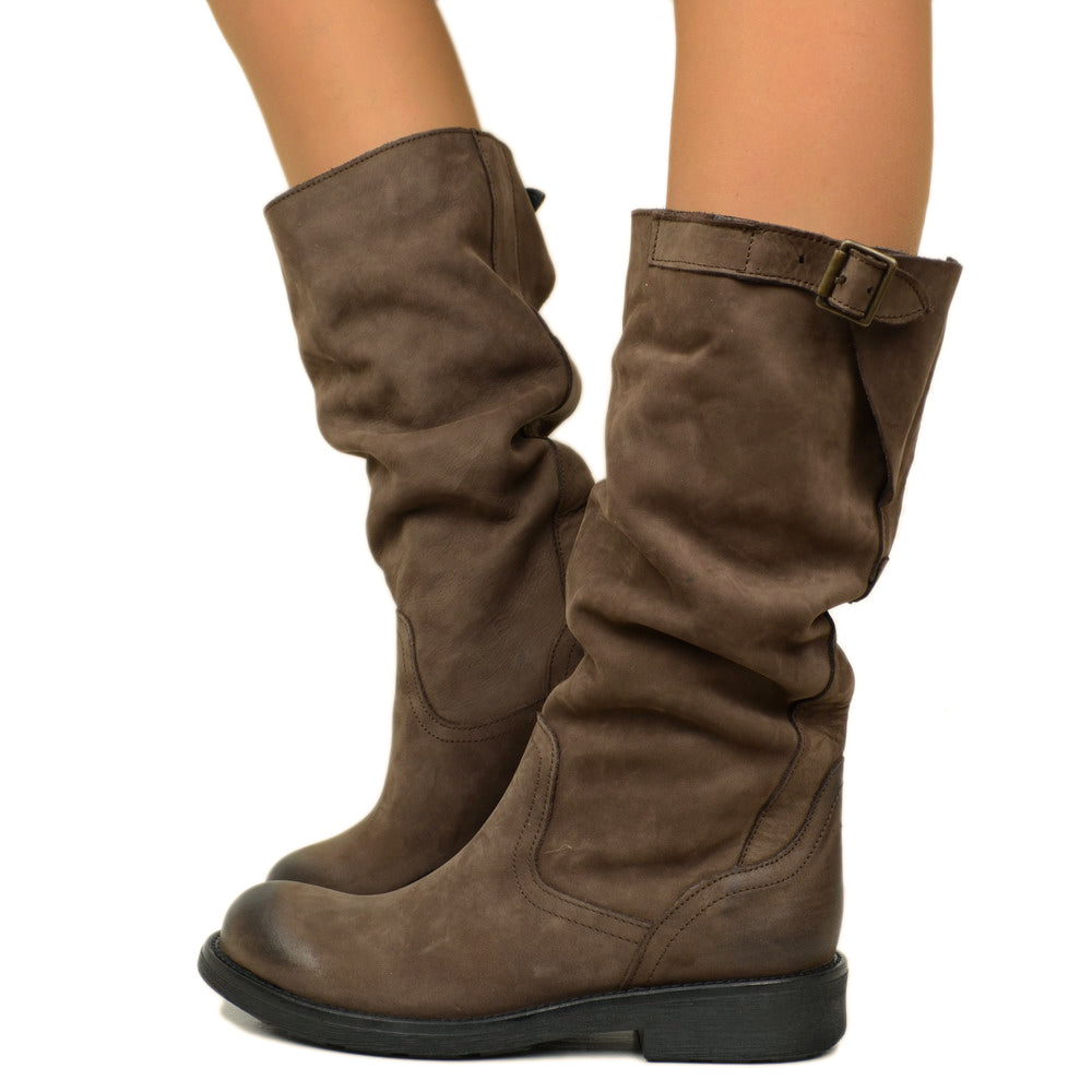 Mid Calf Biker Boots in Brown Vintage Leather