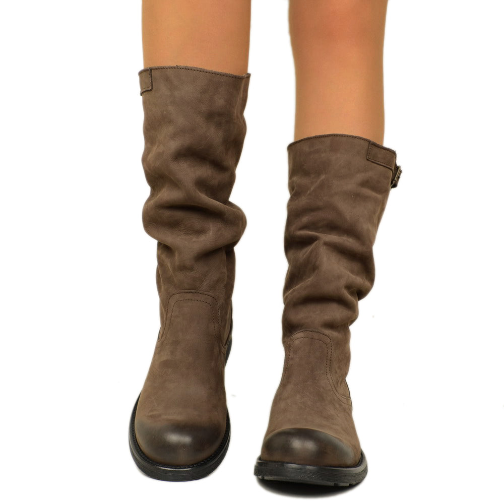 Mid Calf Biker Boots in Brown Vintage Leather - 4
