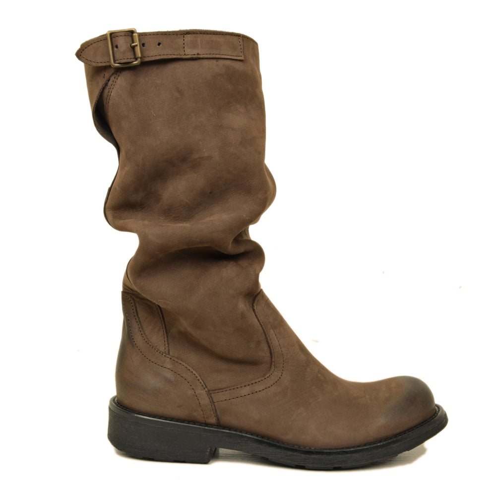 Mid Calf Biker Boots in Brown Vintage Leather - 2