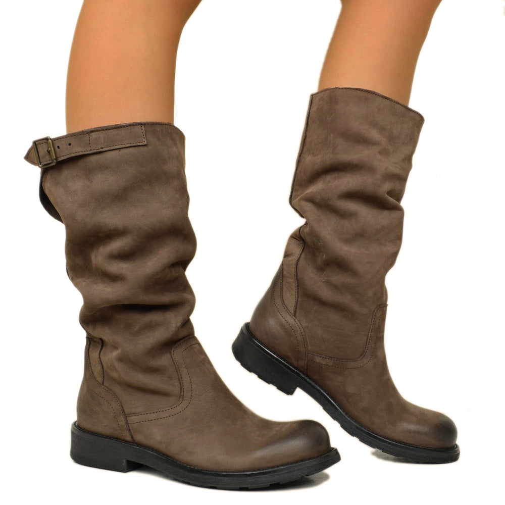 Mid Calf Biker Boots in Brown Vintage Leather - 3