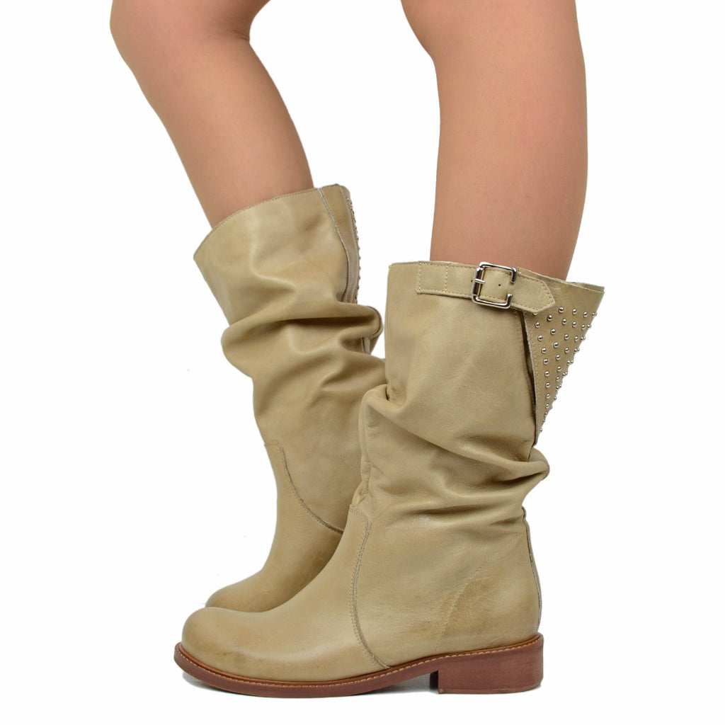 Women's Mid Calf Biker Boots in Taupe Gradient Vintage Leather