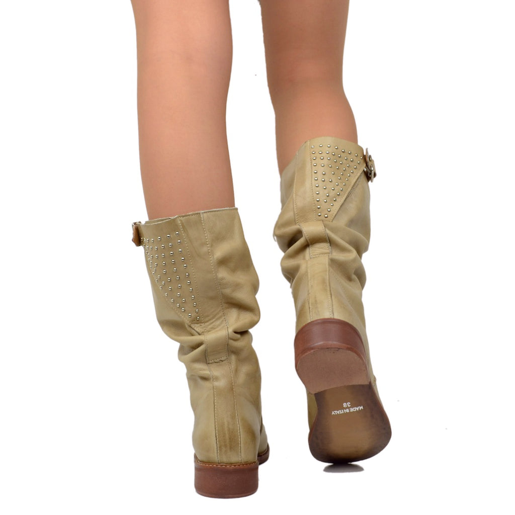 Women's Mid Calf Biker Boots in Taupe Gradient Vintage Leather - 2
