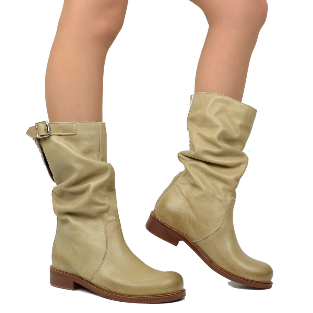 Women's Mid Calf Biker Boots in Taupe Gradient Vintage Leather - 3