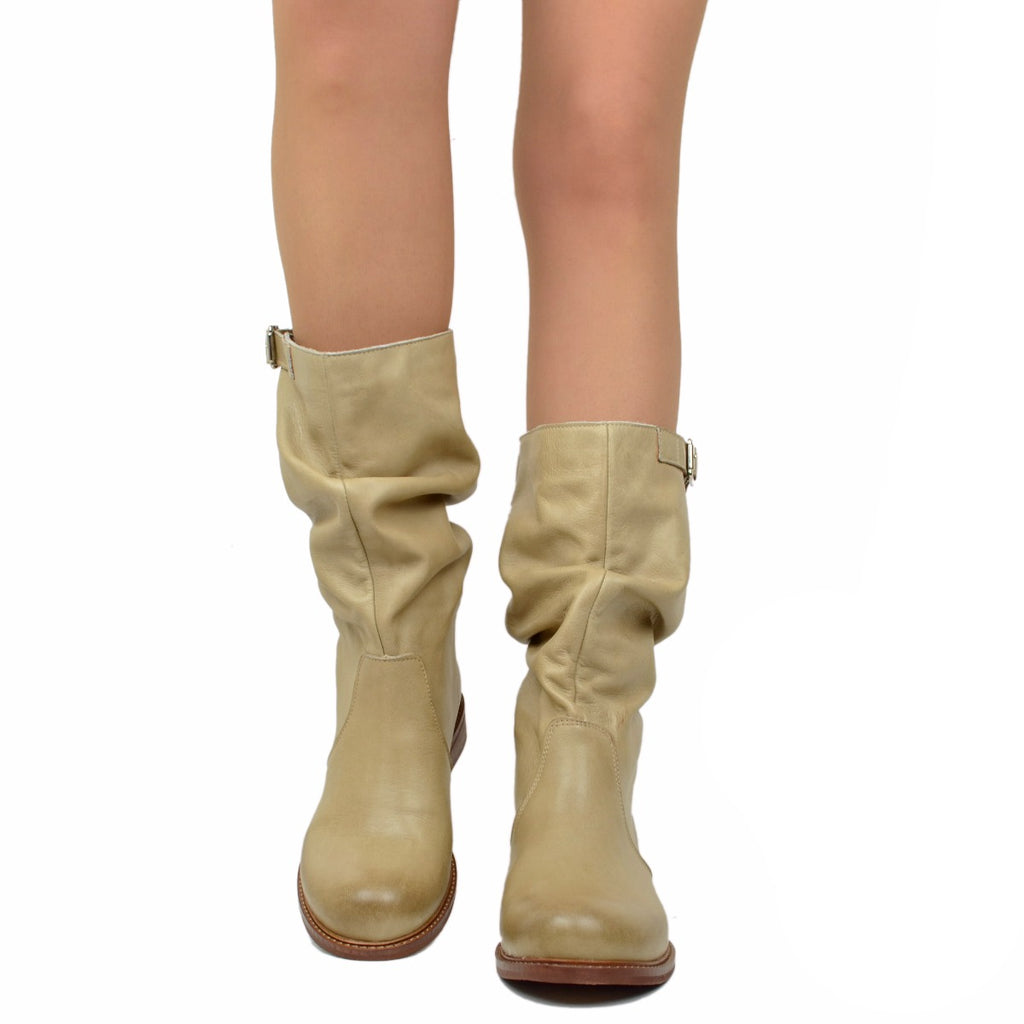 Women's Mid Calf Biker Boots in Taupe Gradient Vintage Leather - 5