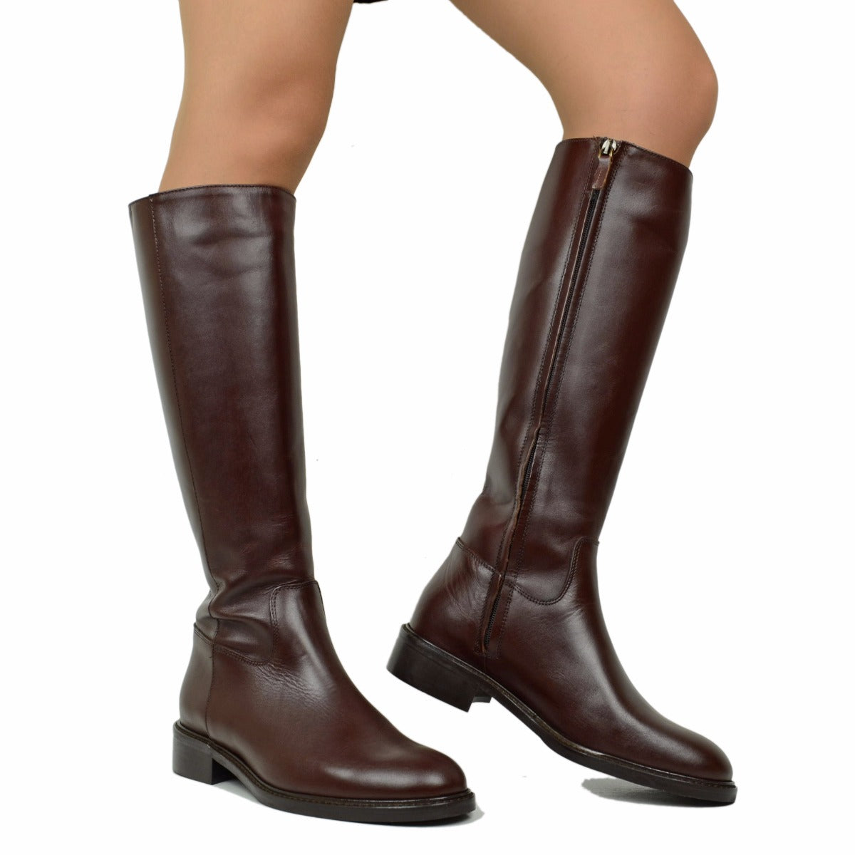 Women's Dark Brown Leather Riding Boots with Zip – KikkiLine Calzature