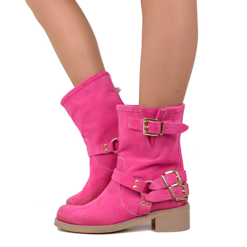 Women's Ankle Boots in Fuchsia Suede with Square Toe