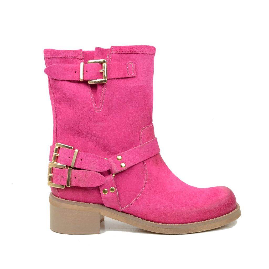 Women's Ankle Boots in Fuchsia Suede with Square Toe - 2