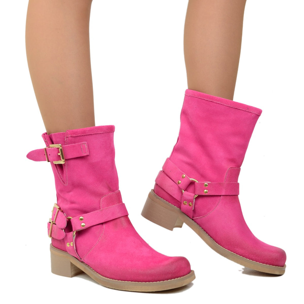 Women's Ankle Boots in Fuchsia Suede with Square Toe - 5
