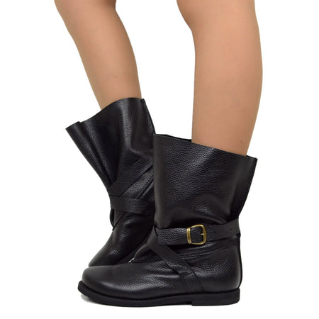 Stivali Biker Boots per Polpacci Grossi in Pelle Nera Fondo Gomma