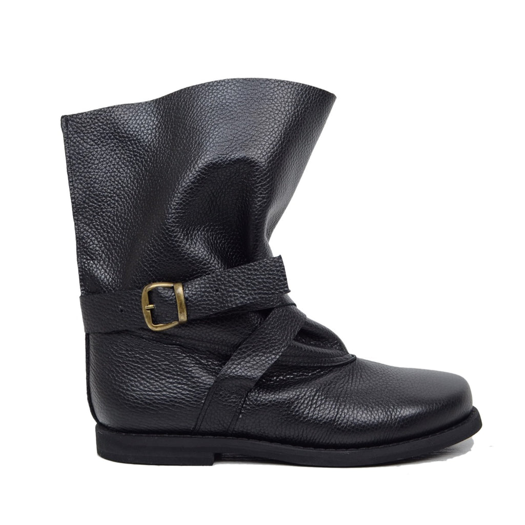 Biker Boots for Big Calves in Black Leather Rubber Bottom - 4
