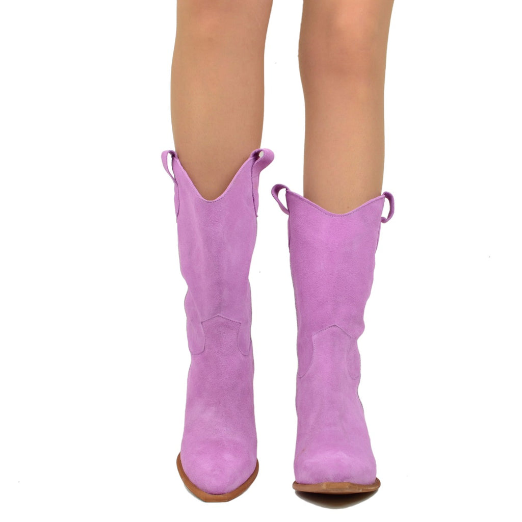 Lilac Suede Texan Boots with High Heel - 3