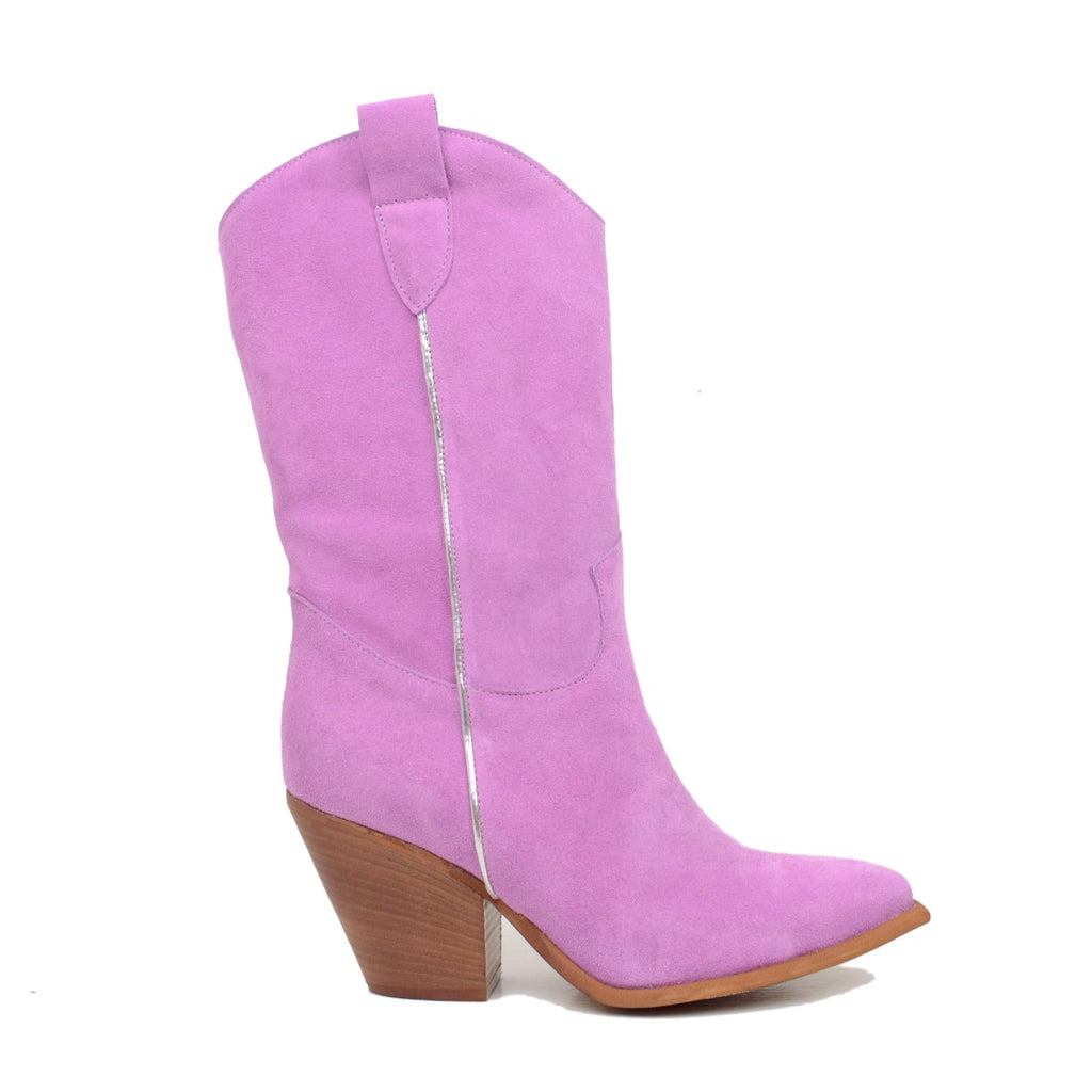 Lilac Suede Texan Boots with High Heel - 2