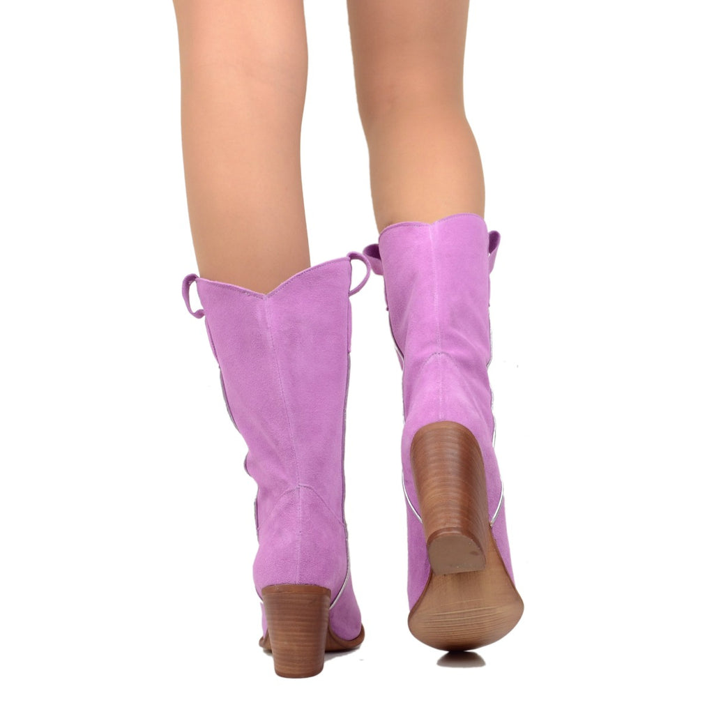 Lilac Suede Texan Boots with High Heel - 5