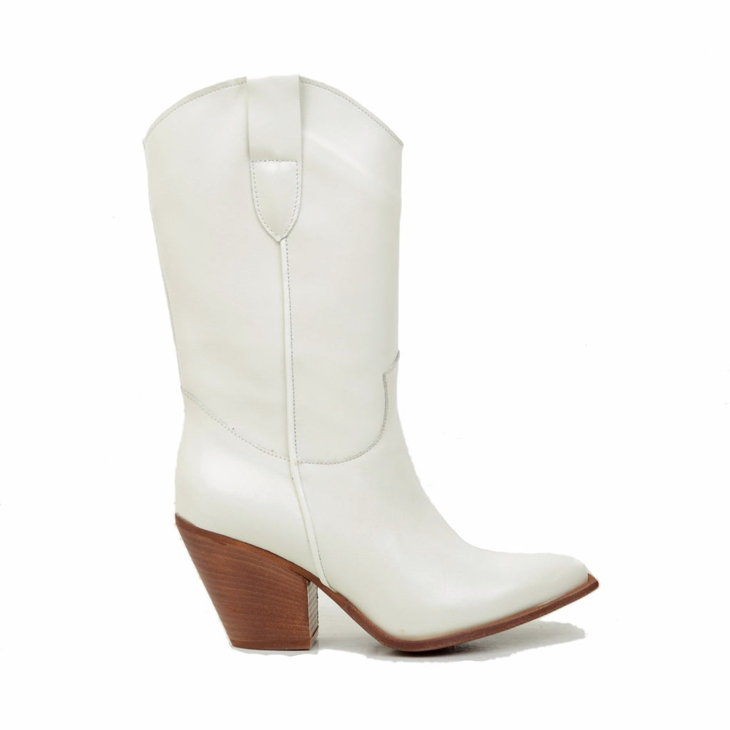 Stivali Texani in Pelle Bianca con Tacco Alto Made in Italy - 2