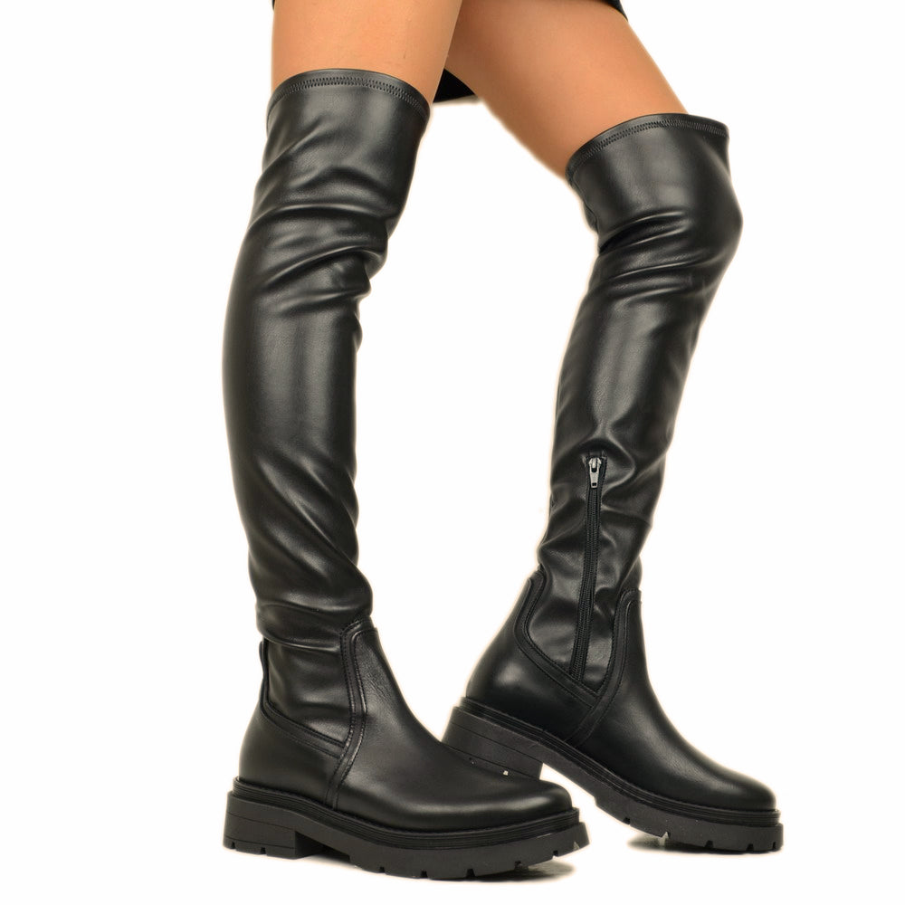 Schwarze Stretch-Overknee-Stiefel für Damen, hergestellt in Italien - 4