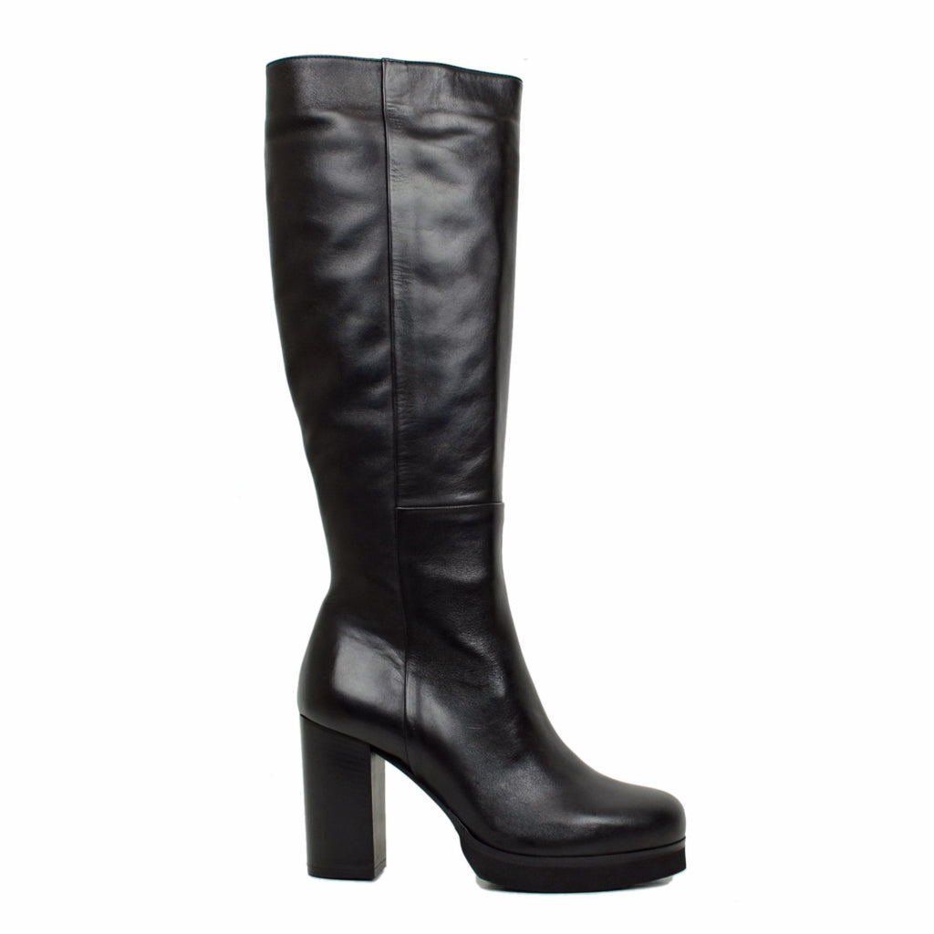 Schwarze Lederstiefel mit Plateau und seitlichem Reißverschluss, hergestellt in Italien - 2
