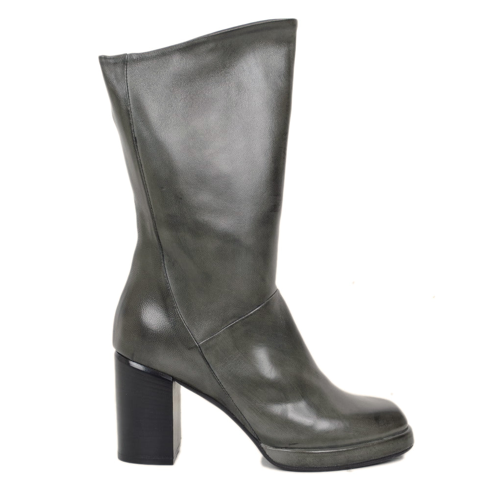 Women's Gray Ankle Boots with Zip and Square Toe Made in Italy - 3