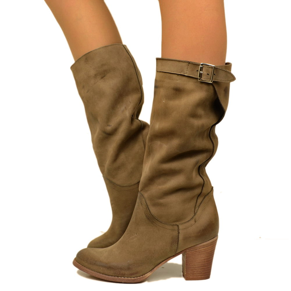 Women's Boots in Taupe Nubuck Leather with Heel Made in Italy
