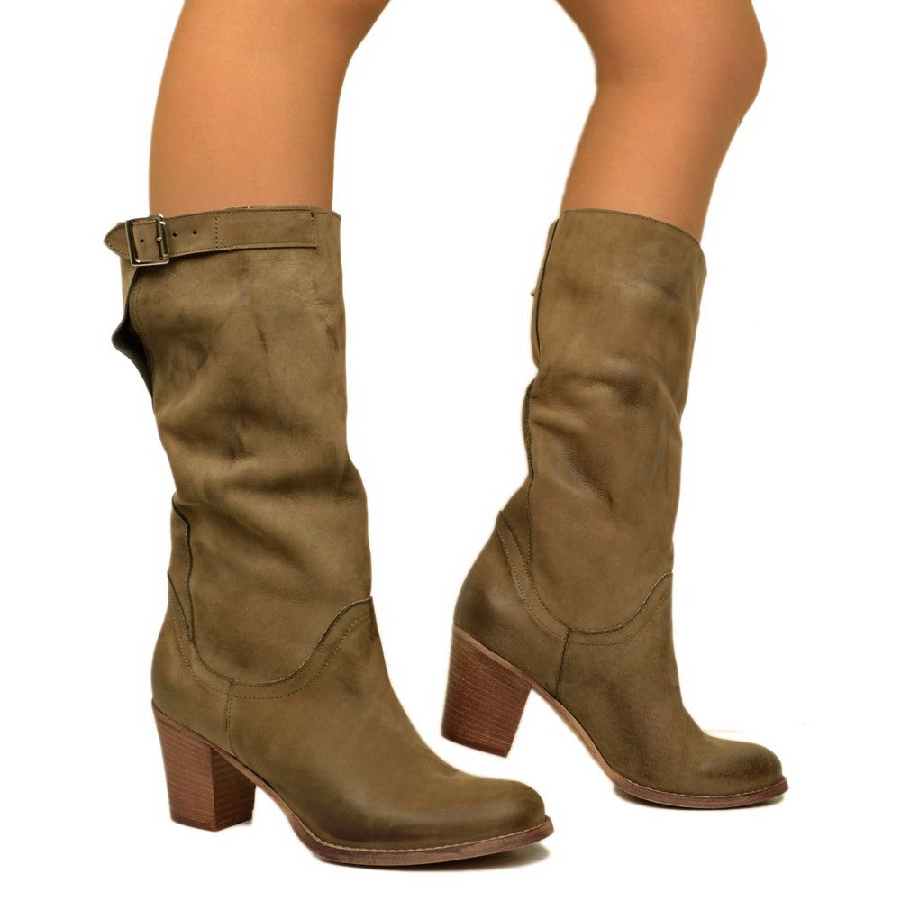 Women's Boots in Taupe Nubuck Leather with Heel Made in Italy - 5
