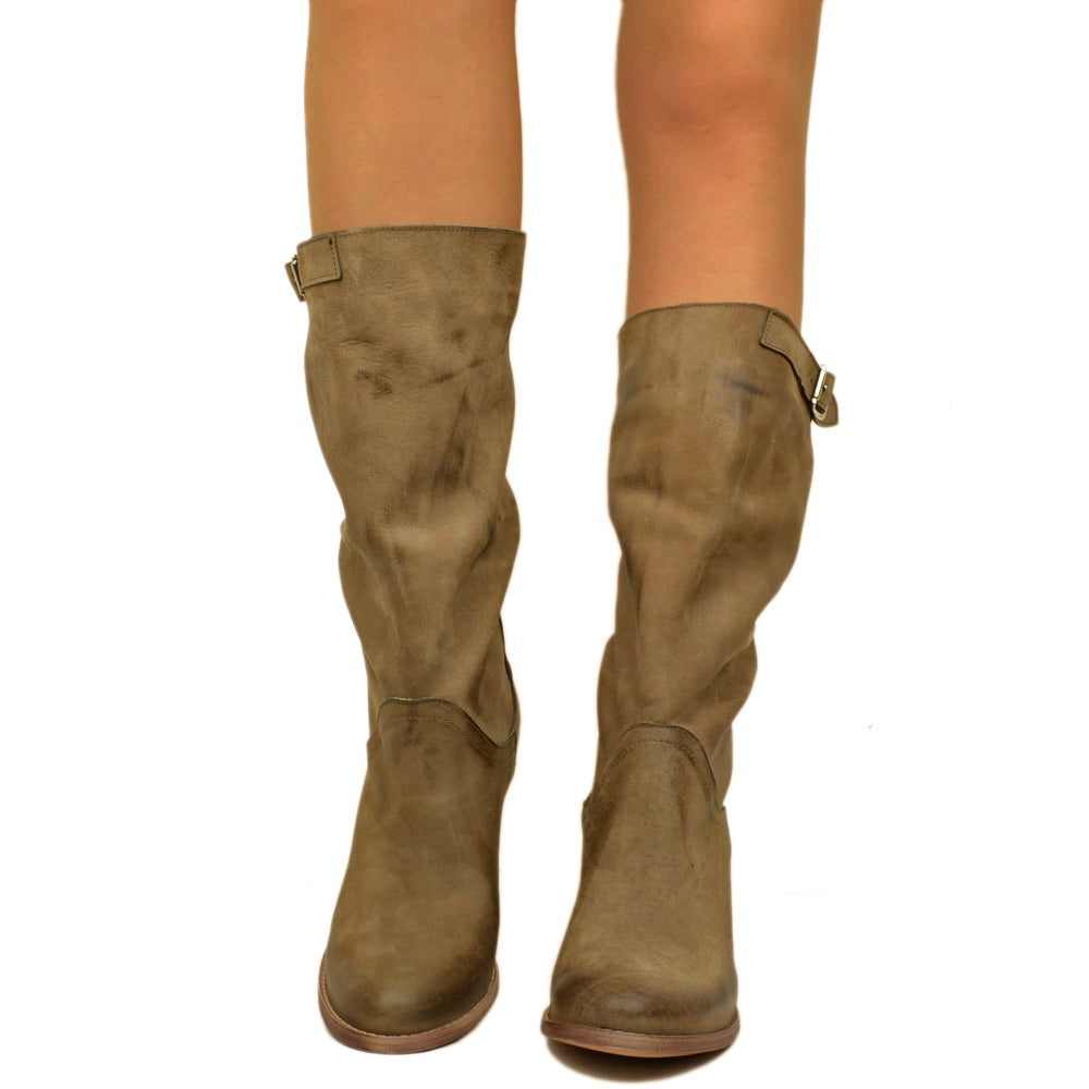 Women's Boots in Taupe Nubuck Leather with Heel Made in Italy - 2