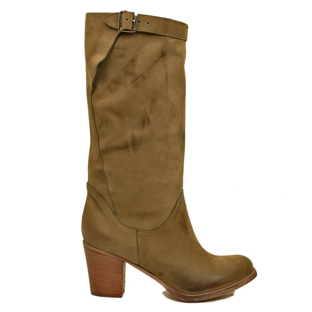 Women's Boots in Taupe Nubuck Leather with Heel Made in Italy - 3