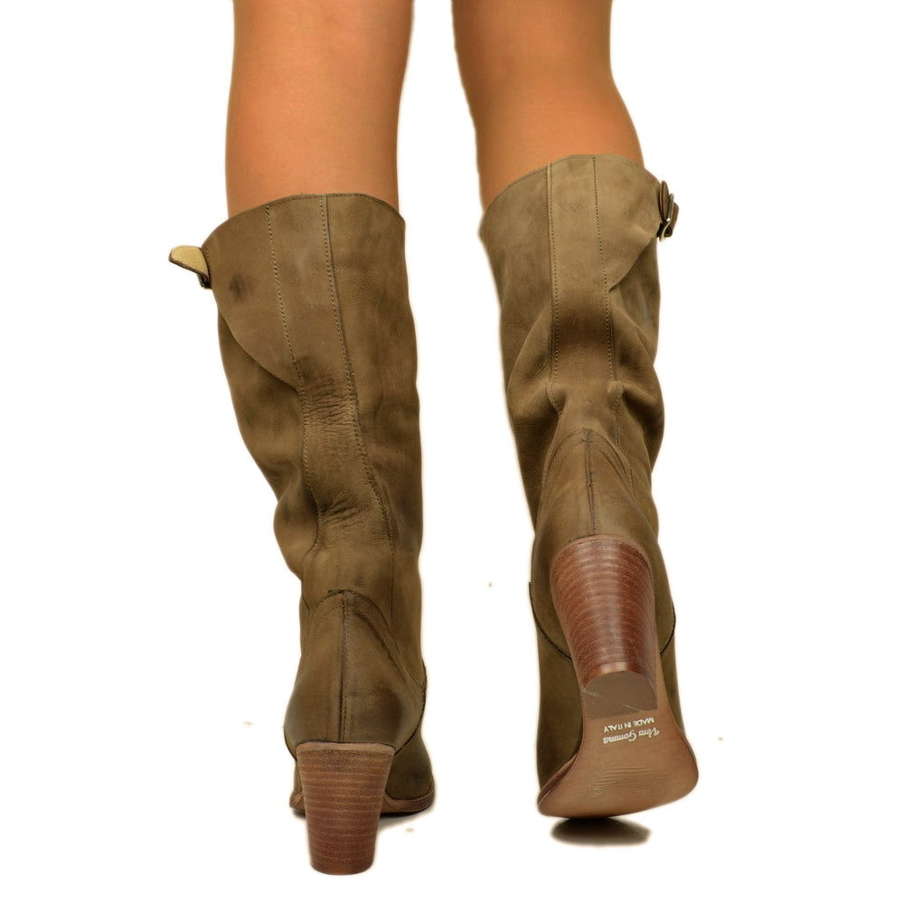 Women's Boots in Taupe Nubuck Leather with Heel Made in Italy - 4
