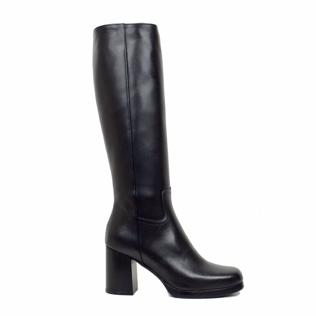 Women's Square Toe Boots with Black Leather Platform Made in Italy - 2