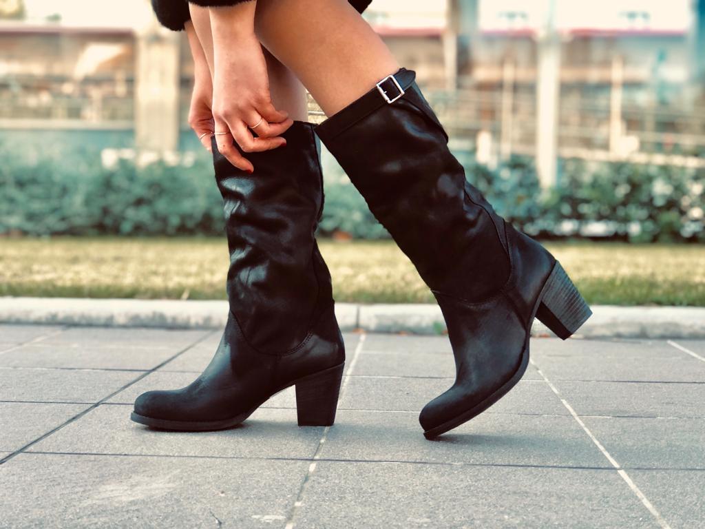 Biker Boots with Medium Heels in Genuine Black Nubuck Leather - 3