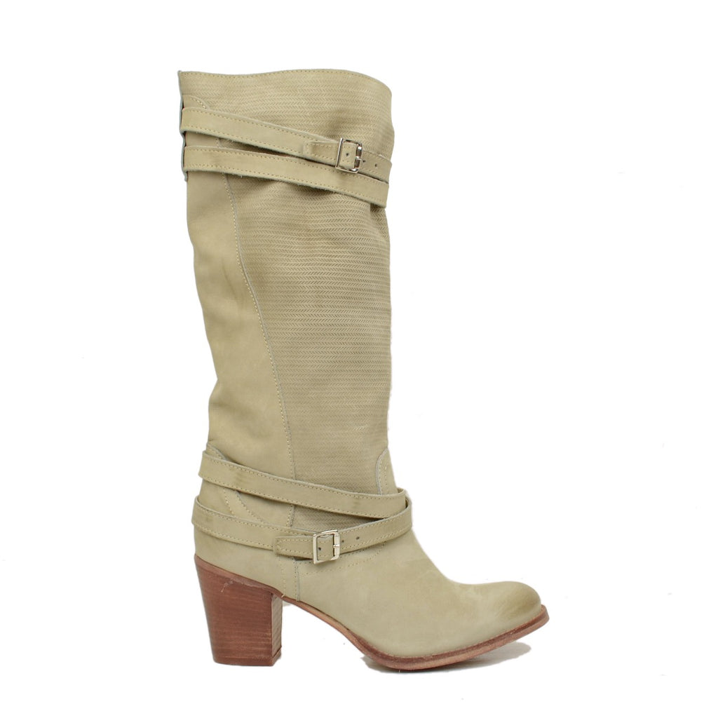 Stivali Donna in Pelle Nabuk Zigrinata Taupe Made in Italy - 2