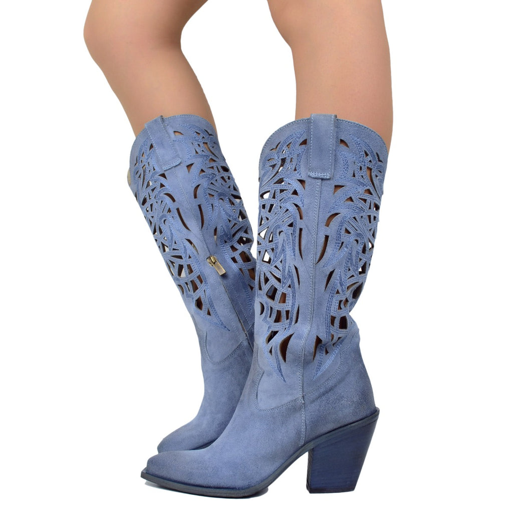 Vintage Blue Suede Cage Perforated Cowboy Boots