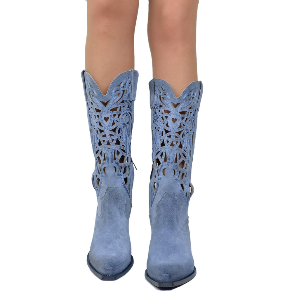 Vintage Blue Suede Cage Perforated Cowboy Boots - 3