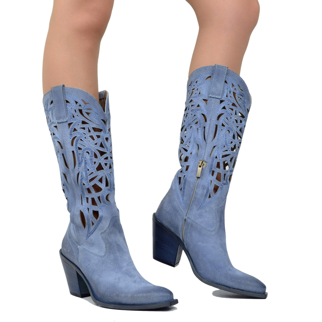 Vintage Blue Suede Cage Perforated Cowboy Boots - 4