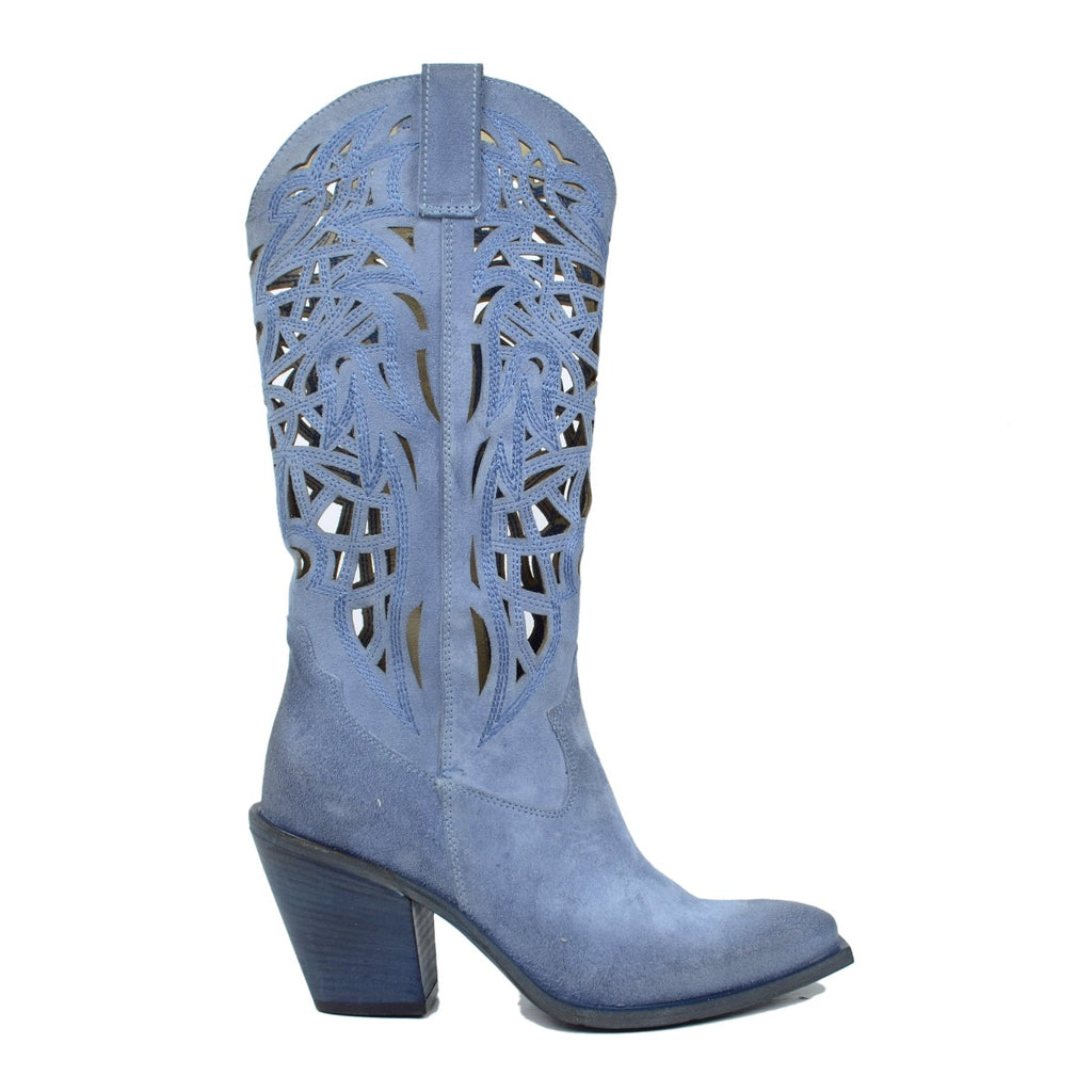 Vintage Blue Suede Cage Perforated Cowboy Boots - 2